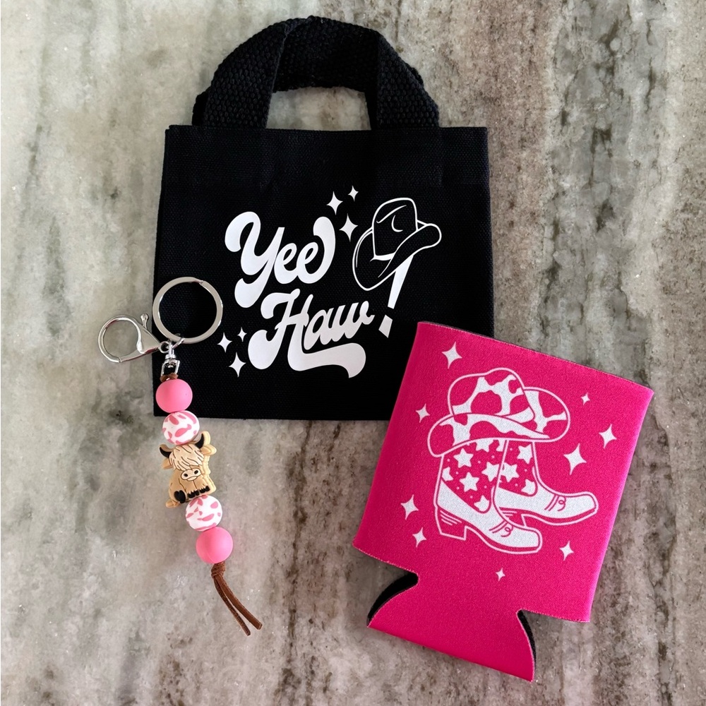 Western Yee Haw Tote, Keychain, and Pink Can Cooler, Set of 3